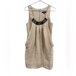 Alexia Admor Jewel Stone Crystal Neck Pleated Trapeze Dress Shimmer Taupe Tan S